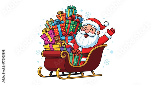 Jolly Santa's Christmas Delivery: Santa Claus, filled with joy, waves hello from his sleigh, piled high with colorful wrapped gifts, snowflakes falling around, delivering joy to children.