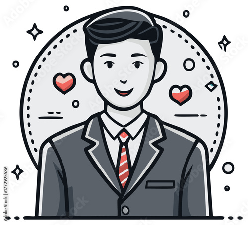 Charming cartoon businessman in a suit with love hearts and sparkles vector illustration