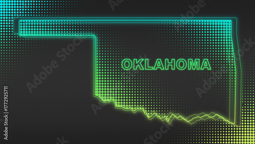 Neon Blue-Yellow Ombre Oklahoma Map Outline Futuristic Glow Halftone Illustration