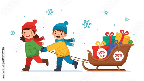 Winter Wonderland Shopping: Two cheerful children pulling a sleigh laden with festive gifts, amidst falling snowflakes, highlighting a holiday shopping sale.