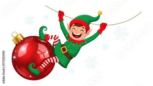 Festive Cheer: An elf, in vibrant green attire and a jolly grin, joyfully dangles near a glistening ornament, embodying the spirit of celebration and holiday mirth. 