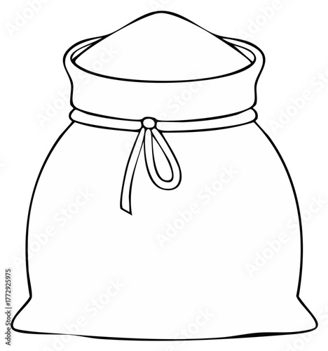 Outline Drawing of Sack with Tie, Bag Filled to the Top with a Knot, Line Art