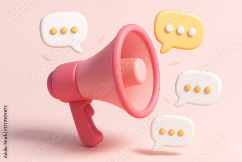 A pink megaphone emits speech bubbles, symbolizing communication and announcements