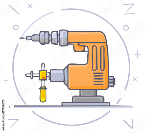Line art illustration of an orange vintage drill and a yellow tool isolated on white, handyman toolkit equipment