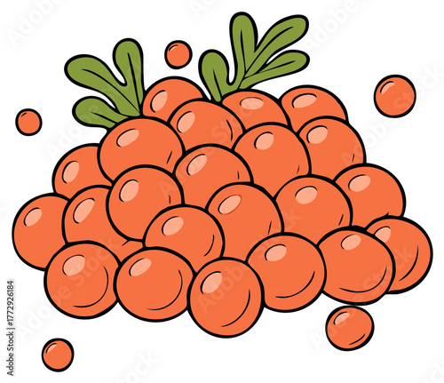 A pile of red caviar or salmon roe with green garnish in a simple cartoon vector illustration