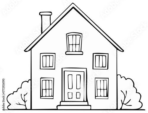 Simple hand drawn house outline for a coloring book page. Black and white cartoon residential building.