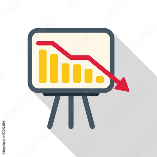 Flip chart showing negative trend, sales performance or bad financial report with red arrow pointing down