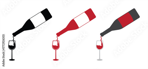 Wine Bottle Pouring into Glass Icon Set