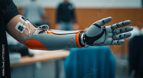Bionic prosthetic arm attached to person with visible wiring modern medical technology device