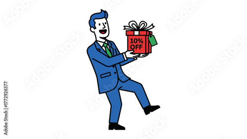 Gift of Delight: An illustrated gentleman, clad in a crisp suit, extends a festive gift box adorned with a tantalizing 10% OFF promotion.