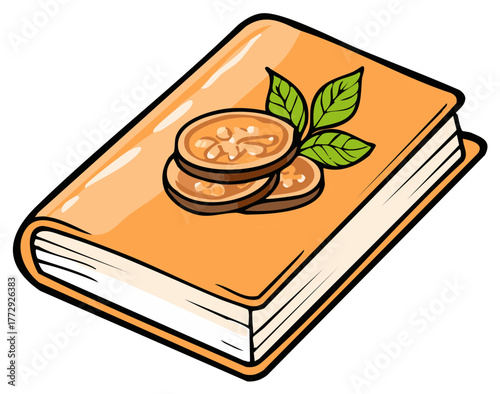 Cartoon Recipe Book with Walnut Slices and Fresh Leaves on the Cover