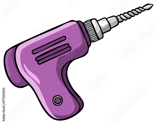 Bright purple power drill with a silver drilling bit for home improvement and construction cartoon illustration