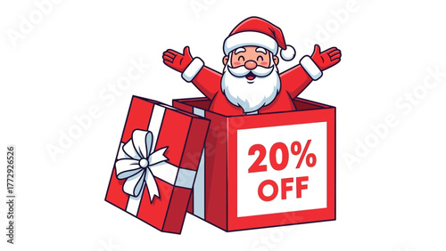 Festive Discount: Santa Claus pops out of a present box, cheerfully offering a delightful 20% discount, embodying the joyous spirit of giving during the holiday season. 