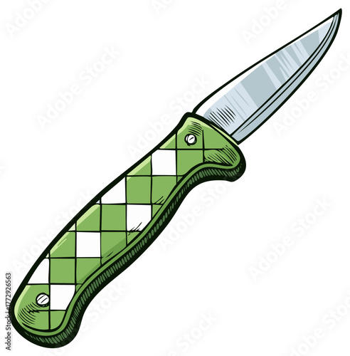 Sharpened steel utility knife with a green checkered handle for cutting and crafting