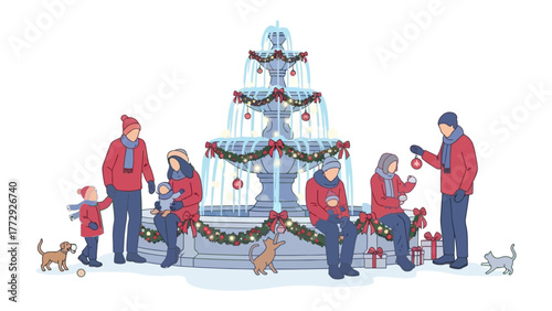 Festive Gatherings near Fountain: A cheerful assembly of people and their pets adorns a fountain. Holiday cheer fills the air. It’s an ideal setting for festivities.