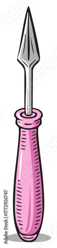 Sharp pointed awl tool with a pink handle vector cartoon illustration for crafts and hobbies