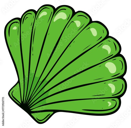 Green cartoon seashell illustration with black outlines