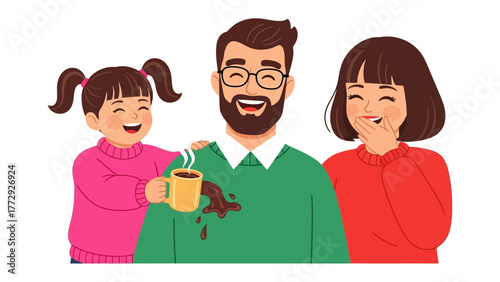 Coffee Spill Laughter: Capturing a lighthearted family moment, a young girl accidentally spills coffee on her father, creating a scene of unexpected laughter and shared amusement. 