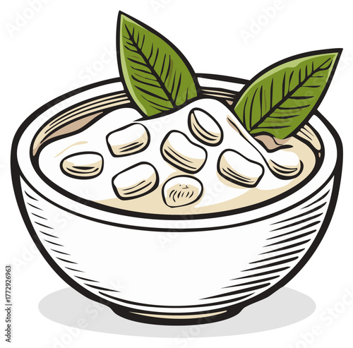 Creamy Bowl of White Beans and Green Leaves, Delicious Meal Illustration