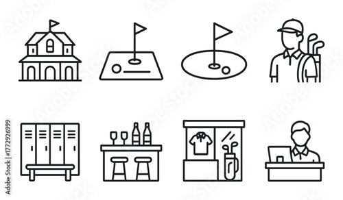 Golf facility icons including clubhouse, course, golfer, lockers, bar, and pro shop