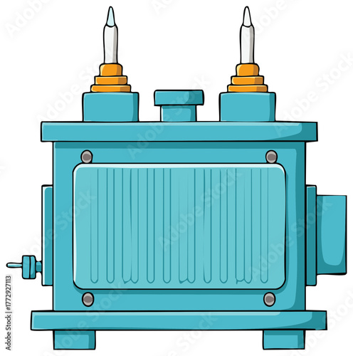 Cartoon illustration of an industrial high voltage electrical power transformer