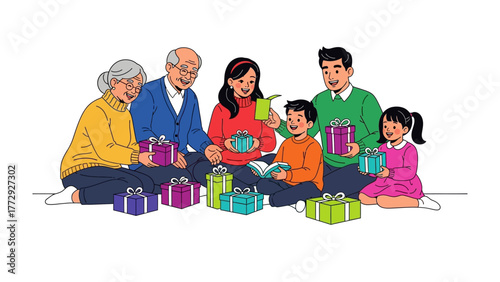 Gift of Joy: An illustration showing a heartwarming scene, where a multi-generational family gather, their faces radiating smiles as they exchange brightly wrapped gifts.