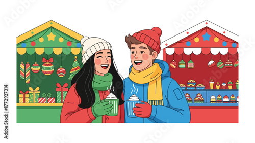 Joyful Winter Market: A couple strolls through a vibrant winter market, sipping warm beverages and sharing laughter amidst festive stalls, embracing the warmth of connection and the joy of the season.