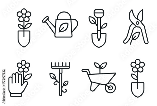 Garden tools outline icons with shovel, watering can, shears, wheelbarrow