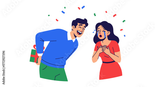 A Gift of Heart: A tender moment unfolds as a man surprises a woman with a present, evoking heartfelt emotion and joy. Capturing the genuine connection and expression of love and happiness