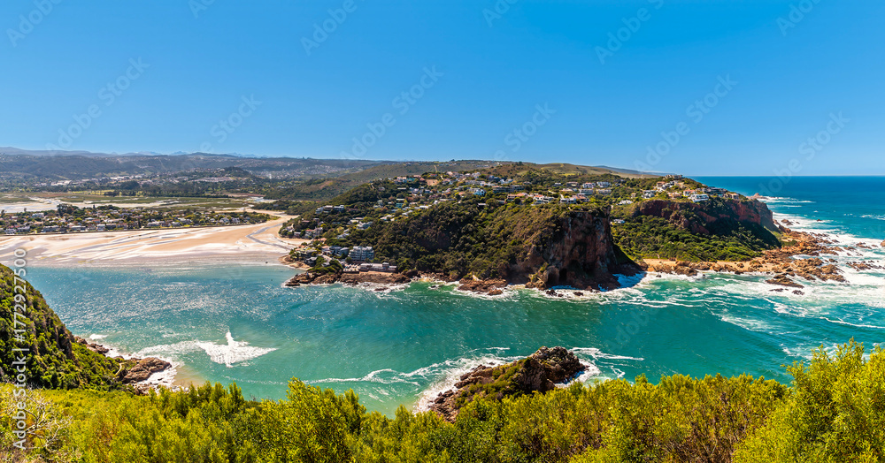 Naklejka premium A panorama view from West Head headland across the strait on the Knysna river, South Africa in Springtime