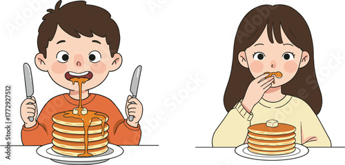 Children eating pancakes, cartoon kids breakfast moment, syrup and butter topping, joyful food scene, orange shirt, yellow shirt, table setting
