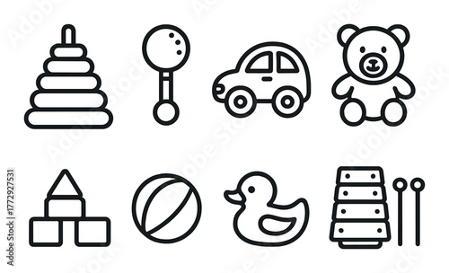 Outline of classic children's toys including bear, car, and blocks