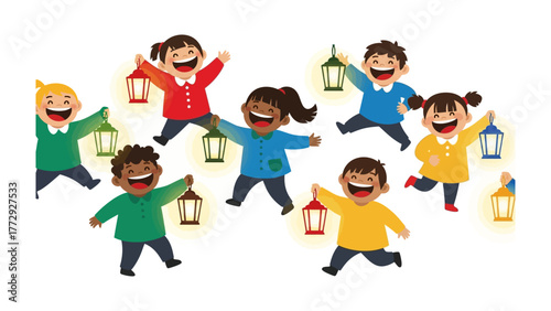 Joyful Lantern Parade: A cheerful group of children joyfully dance in a parade, each carrying a colorful lantern, their faces alight with smiles and laughter.