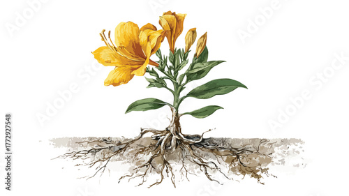 Detailed Yellow Flower Drawing with Exposed Roots Vector Illustration