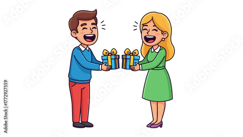 Sharing Joyful Gifts: A heartwarming scene unfolds as a smiling individual gives presents to another. Capturing the spirit of generosity, joy, and celebration.