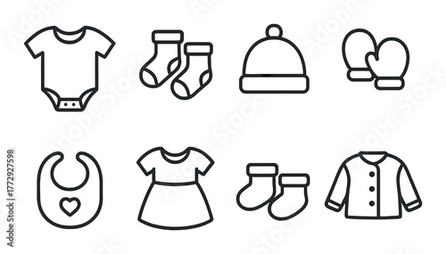 Baby clothing icons set: onesie, socks, hat, mittens, bib, dress, jacket