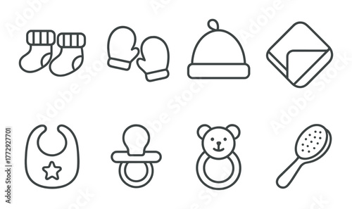 Minimalist baby icon collection featuring clothing and accessories