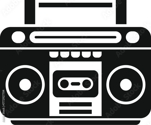 Classic boombox representing portable music system playing cassette tape, with radio tuner and speakers, embodying nostalgia and vintage audio technology