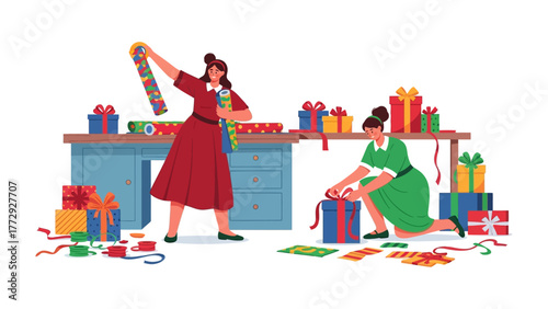 Crafting Festive Cheer: Two figures immersed in the joyful task of wrapping gifts, surrounded by an array of colorful presents, ribbon, and wrapping paper