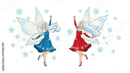 Enchanting Fairy Duo: Two graceful fairies, one in a vibrant red dress, the other in a serene blue, dance amidst delicate snowflakes, embodying the magical essence of a winter's tale. 