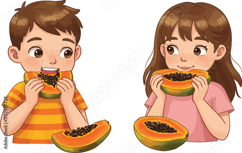 Children eating papaya slices, cartoon kids healthy snack, orange fruit with seeds, joyful food moment, pink shirt, striped shirt, nutrition