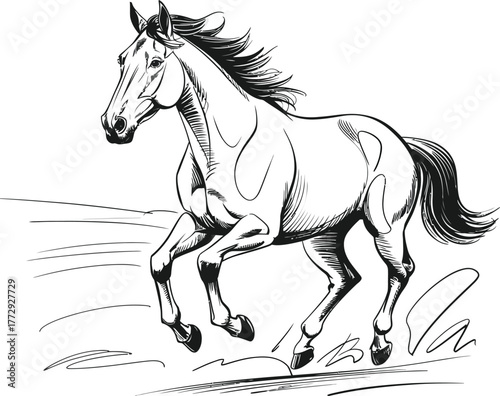 Detailed black and white sketch of a galloping horse