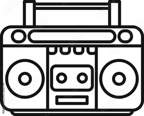 Portable stereo system playing music from a cassette tape, with a handle for easy carrying