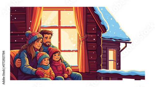 Cozy Winter Family Moment: A heartwarming depiction of a family nestled in a cabin, gazing out at the serene winter landscape, creating a sense of warmth, peace.