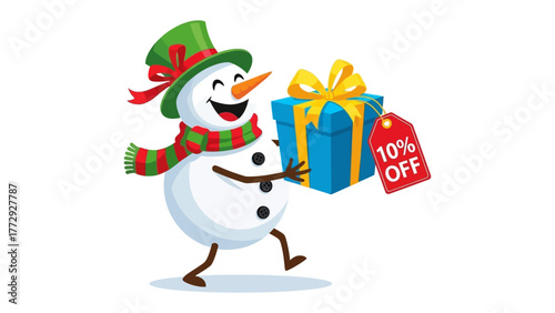 Festive Gift from Snowman: A jovial snowman, adorned in festive attire, cheerfully presents a wrapped gift box, complete with a ribbon and tag offering a discount.