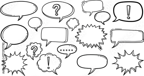 Black and white doodle illustration of various speech bubbles on transparent background