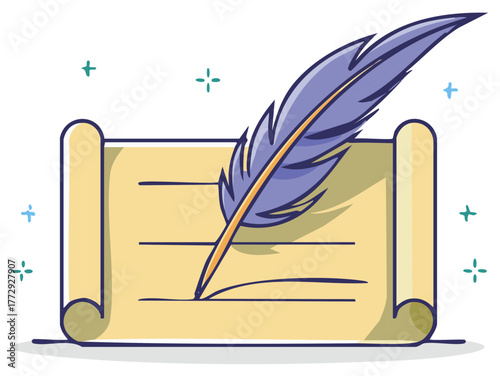 Quill pen writing on a rolled parchment scroll with sparkling accents, symbolizing writing and history.