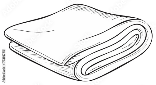 Folded blanket or towel line art illustration. Simple black and white sketch of stacked laundry or linens.