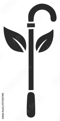 Minimalist walking cane icon with leaves symbolizing healthy aging and natural growth