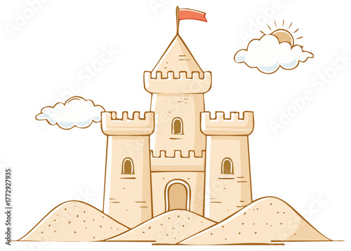 Cartoon illustration of a sandcastle with clouds and sun